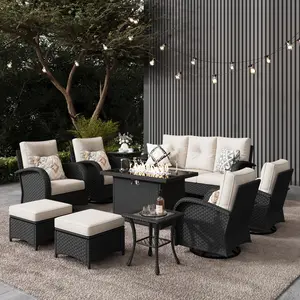 LayinSun 10 Pieces Outdoor Patio Furniture Set with Fire Pit Table, Rattan Wicker Sectional Swivel Rocker Chairs Set, Multiple Packages summervibes