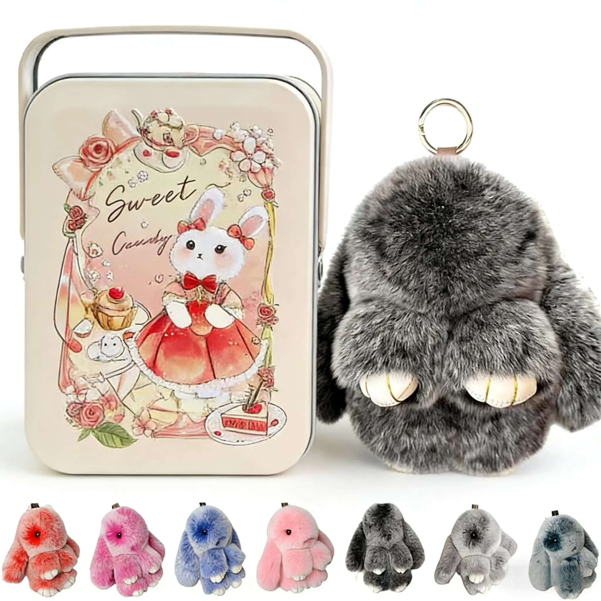 2026 New Handmade Soft Plush Bunny Keychain with Tin - 5.8" Fabric Charm, Huggable, Lightweight, Multi-Functional, Durable, Fuzzy Keychain, Kawaii Accessory, Cute Collectible, Bag Charm Styling, Gift for Women