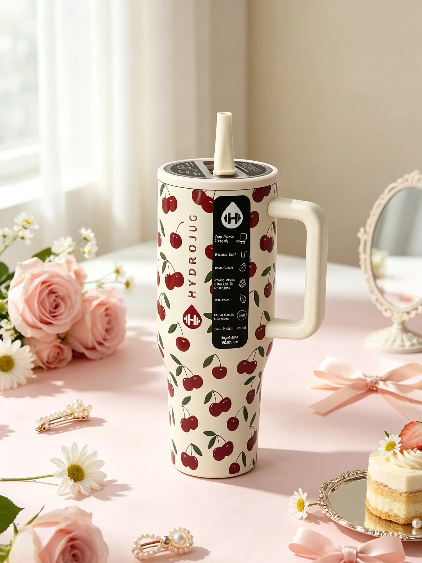 HydroJug 40oz (1,000-2,000ml) Stylish Stainless Steel Vacuum Flask Traveler Water Bottle, Cherry Print, Ergonomic Handle, BPA-Free, Anti-Scalding, Casual Modern Bottled Drinkware for Sports, Outdoor Activities, Flasks, 1,000-2,000 Ml