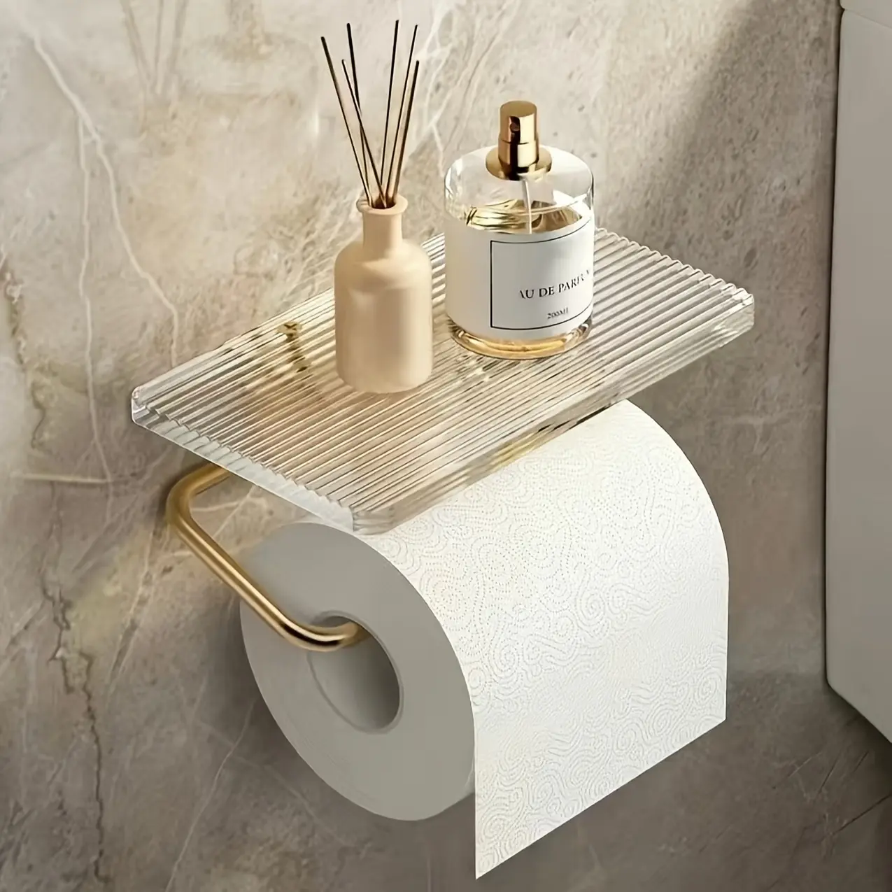YITAP Self-Adhesive Acrylic Toilet Paper Holder with Storage Shelf, Stylish Bathroom Organizer, Easy Wall Mounting, Durable Plastic Design, Space-Saving Storage Solution, Bathroom Accessories Organizer, Bathroom Supplies