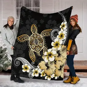 Polynesian Floral & Hawaiian Sea Turtle Throw Blanket - Black & Golden Retro Tropical Design, Soft Flannel All-Season Bedspread For Couch, Bed, Or Home Decor, Sea Turtle Decor, Cozy Living Accessory, Vintage Aesthetic, Intricate Quilted summervibes