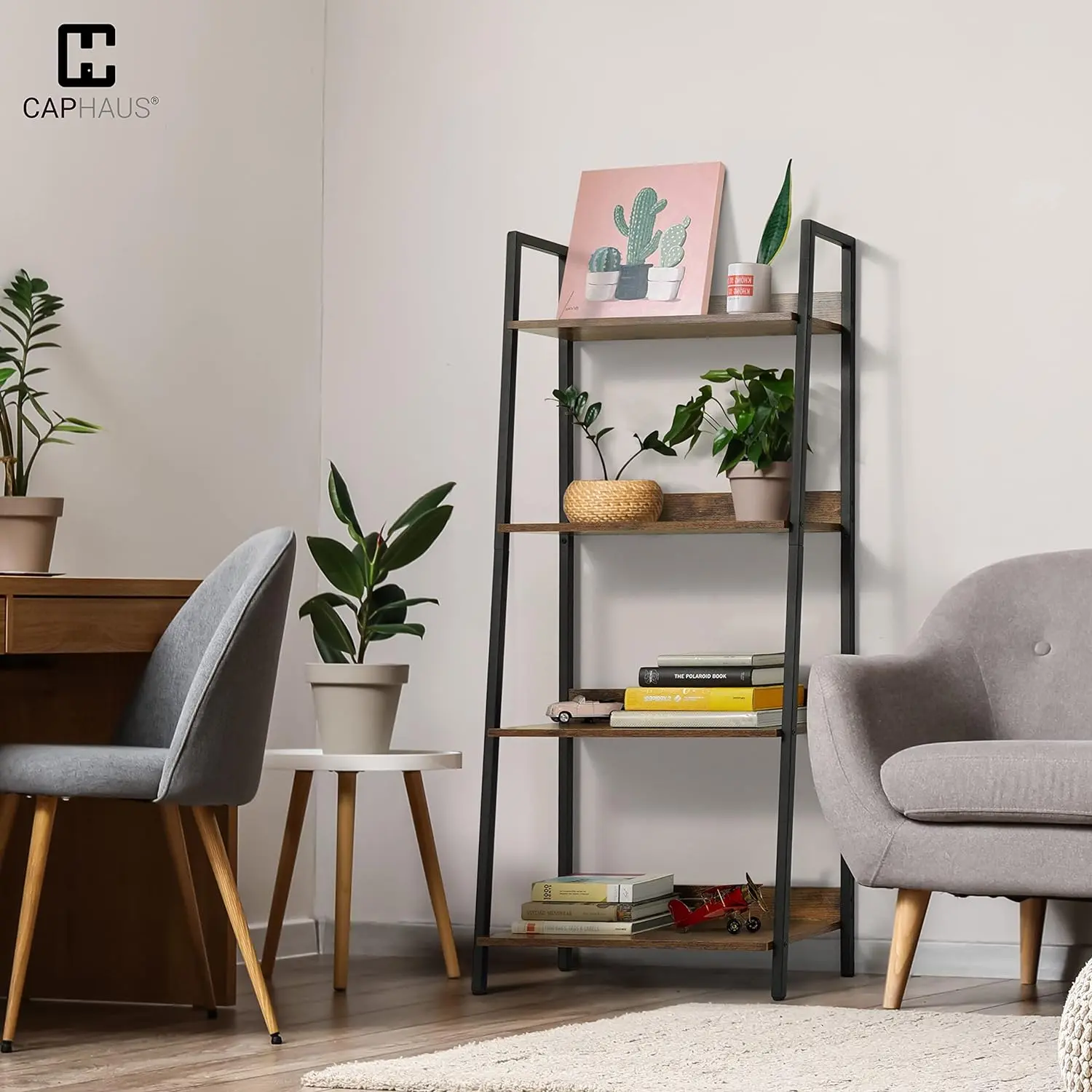 CAPHAUS 24 Inch Width 4-Tier Ladder Shelf, Free Standing Bookcase with Open Shelves, Storage Rack Organizer, Industrial Book Shelves for Living Room, Home Office, Kitchen