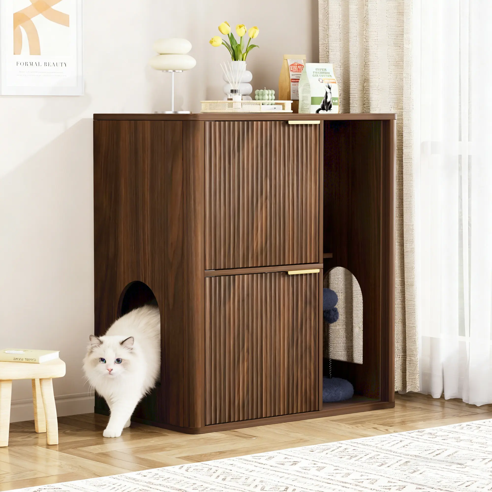 31.5 Inches  Cat Litter Cabinet with Cat Tree - Grooved Concealed Litter Furniture Featuring Dual Cat Doors and Storage Shelves, Versatile Pet Cabinet for Living Rooms or Bedrooms