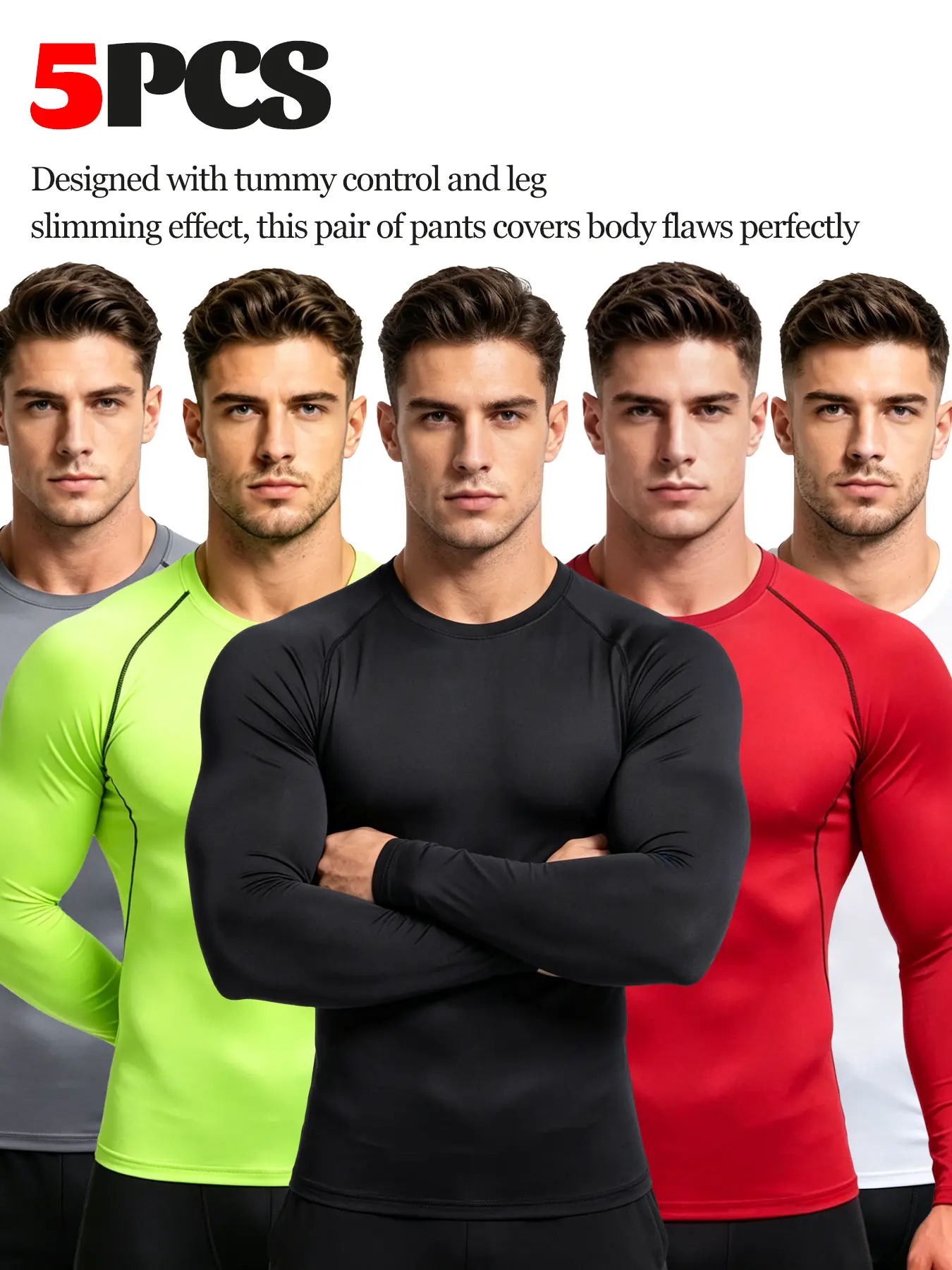 5 Pack Mens Compression Shirts Long Sleeve, Cool Dry Athletic Base Layer, Muscle Fit Gym T-Shirts with Tummy Control for Running & Training