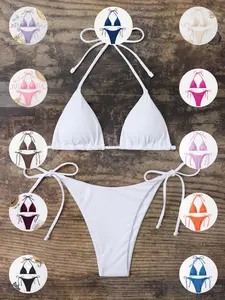 Pure Color Swimsuit Two-Piece Set, Halter Triangle Top & Cheeky Bottoms, Summer Beach Vacation Choice, Women's Swimwear, Bikini Swimsuits, Halter Bathing Suit