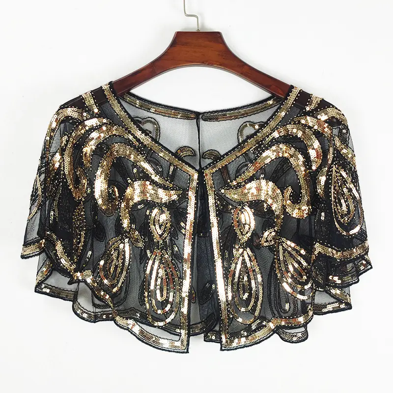 Women's Luxury Glitter Mesh Gauze Soft Shawl - Bead-Embroidered Polyester Scarf-Style Bolero Cover-Up, Black Blue, Fit 40-80kg, for Dresses, Parties