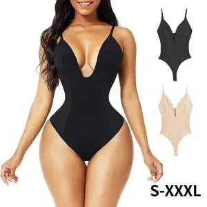 Women Tummy Control U Plunge Backless Full Body Shapewear Mid Thigh Mesh strapless Bodysuit Top Fit Seamless