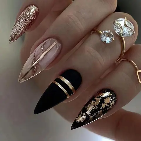 1 Box Long Almond Glitter Gold Foil Decor Fake Nail with Tool, Women Girls DIY Manicure, Home Nail Art, Elegant Press On Fake Nail Kit, Manicure Accessories, Nail Art Supplies, Press On Nails, Glittering Fake Nails, Nail Art Products