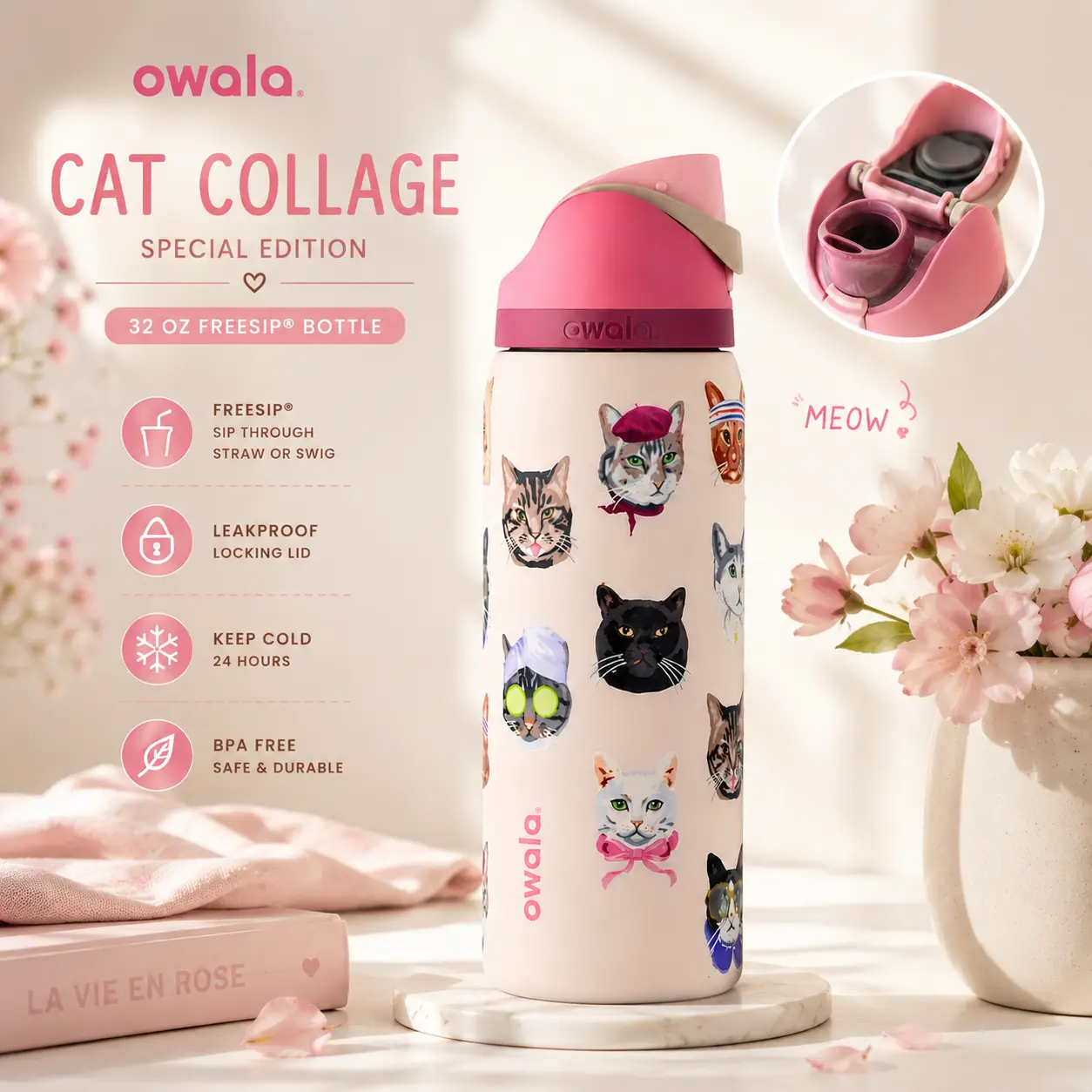 Owala Pink Cat Collage FreeSip 32 oz Water Bottle, Urban Outfitters Exclusive, Cute Cat Stainless Steel Leakproof Bottle
