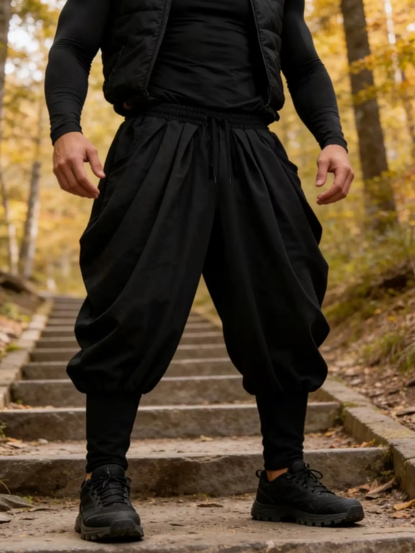 Men's American Polyester Ninja Pants, Loose Harlan Style, Elastic Waist Drawstring, Streetwear Casual Long Pants, Casual Loose Pocket, Oversized, Spring & Fall