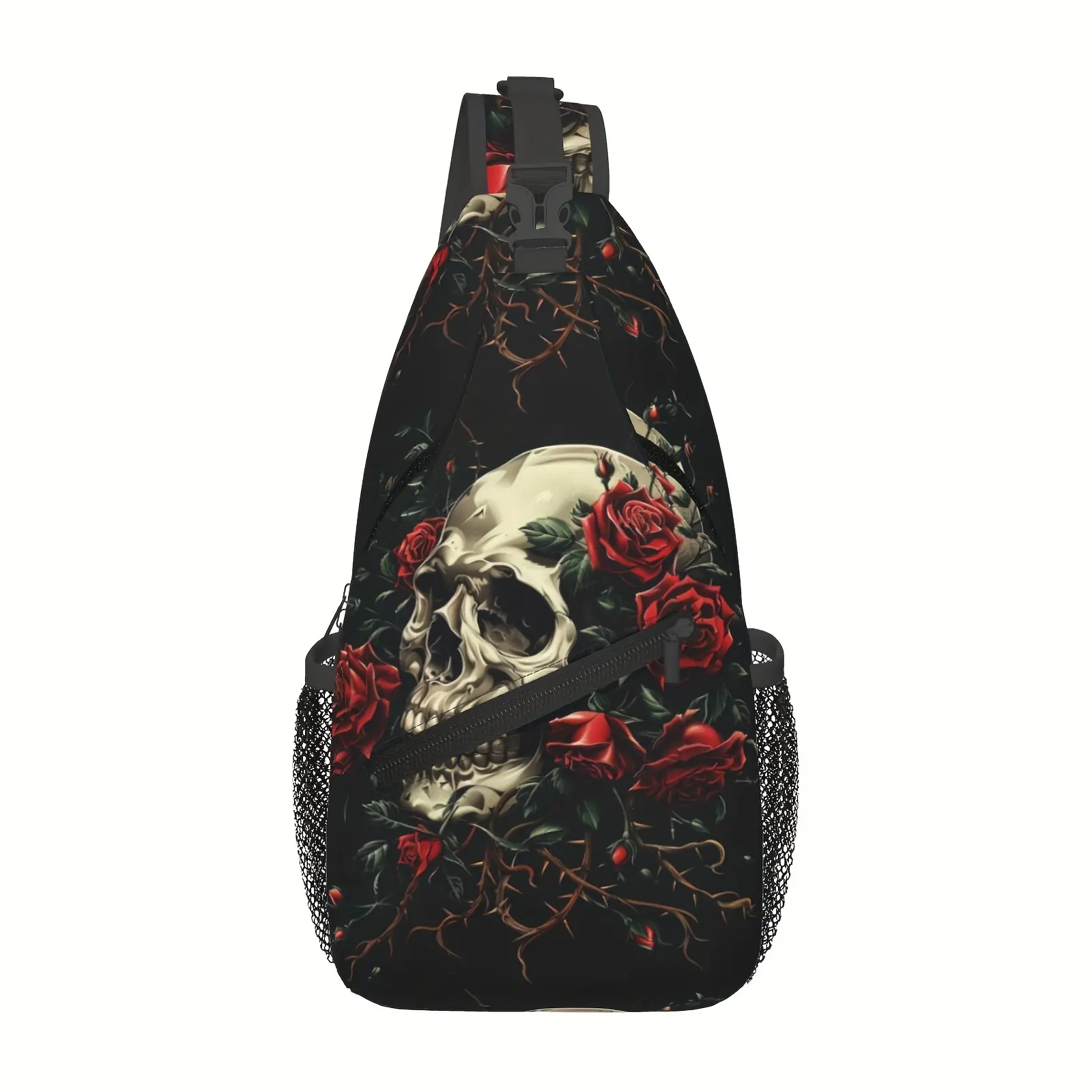 [Made in US] Crossbody Chest Bag Hiking Backpack Skull And Red Roses Shoulder Bag Folding Large Capacity Fashion Durable Can Be Used For Shopping, Work, Leisure Travel Beach Bag Fishing Backpack