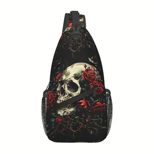 [Made in US] Crossbody Chest Bag Hiking Backpack Skull And Red Roses Shoulder Bag Folding Large Capacity Fashion Durable Can Be Used For Shopping, Work, Leisure Travel Beach Bag Fishing Backpack