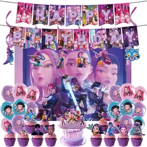 K-Pop "Demon Hunter" Themed Party Supplies — A complete party decoration set featuring banners, balloons, hanging swirls, cake and cupcake toppers, and a tablecloth. The ultimate choice for creating a "Demon Hunter" themed party designed.