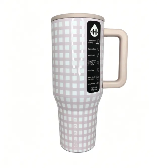 HydroJug 40oz Pink Gingham Tumbler with Handle Stainless Steel Insulated Cup for 24-Hour Cold Drinks Portable Travel Drinkware - Flasks Drinkware Flasks Lid Mug Bottles Water Bottles Water Bottles sublimation