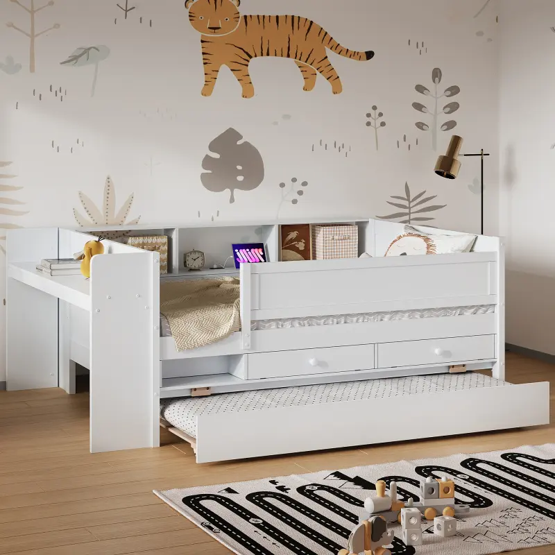 Twin Daybed with Drawers and Trundle,  Headboard Storage and Tables, USB Charging Station, Multi-Functional Twin Platform Bed