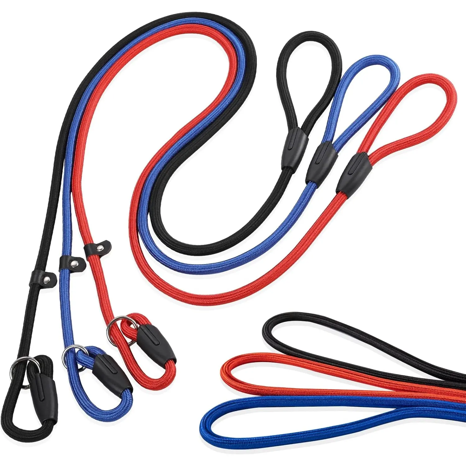 3Pack Adjustable Nylon Dog Slip Leash Combo (Red/Black/Blue) - 10mm High-Density Heavy Duty Leash, 1.4m Lead, Enhanced Visibility, Adjustable Loop, Aids in Training, Outdoor Adventures Home Improvement Pet Accessory, Walks, Visibility Boost