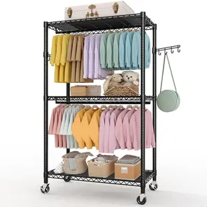 GAOMON Heavy Duty Rolling Clothes Rack,Load 730LBS Clothing Racks for Hanging Clothes,Free Standing Closet Organizers and Storage Garment Racks with Wheels,2 Rods,Side Hooks,80"H x 45"W x 16"D