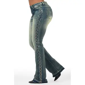 Gria Tinted Wash Rhinestone Stacked Flare Jean