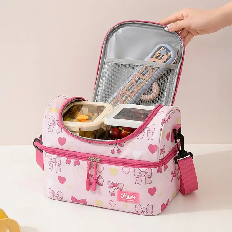 Polyester Cute Pink Bow Motif Cartoon Theme Insulated Lunch Bag, Dual-Compartment Thermal Lunch Tote with Detachable Strap, Reusable Cooler Bag for Girls School/Office,back to school,back to school haul