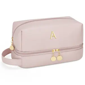 CLOUDWINGS Initial Makeup Bag for Women - Personalized Double Layer Cosmetic Bags with Makeup Brush Organizer, Hanging Travel Toiletry Bag with Large Capacity, Gifts for Mom Girlfriend Wife