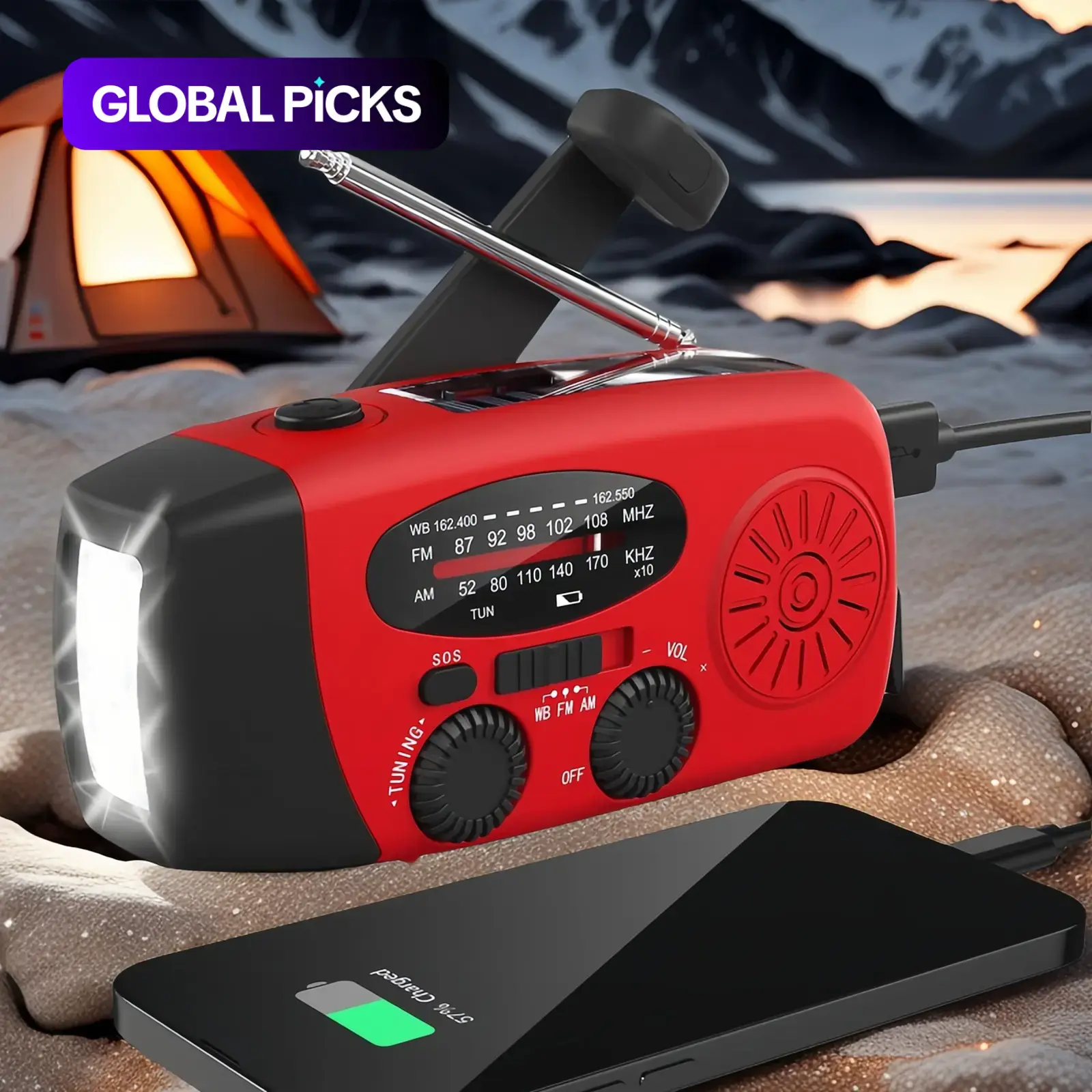 Solar, Hand Crank, and USB Rechargeable Emergency Radio with LED Flashlight for Camping, Hiking, and Outdoor Use #GLOBAL PICKS