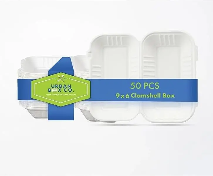 Urban Box Co. 9x6 Inch Compostable Clamshell Containers, Heavy-Duty Biodegradable To-Go Boxes, Made from Eco-Friendly Sugarcane Bagasse, Disposable Takeout Containers for Food