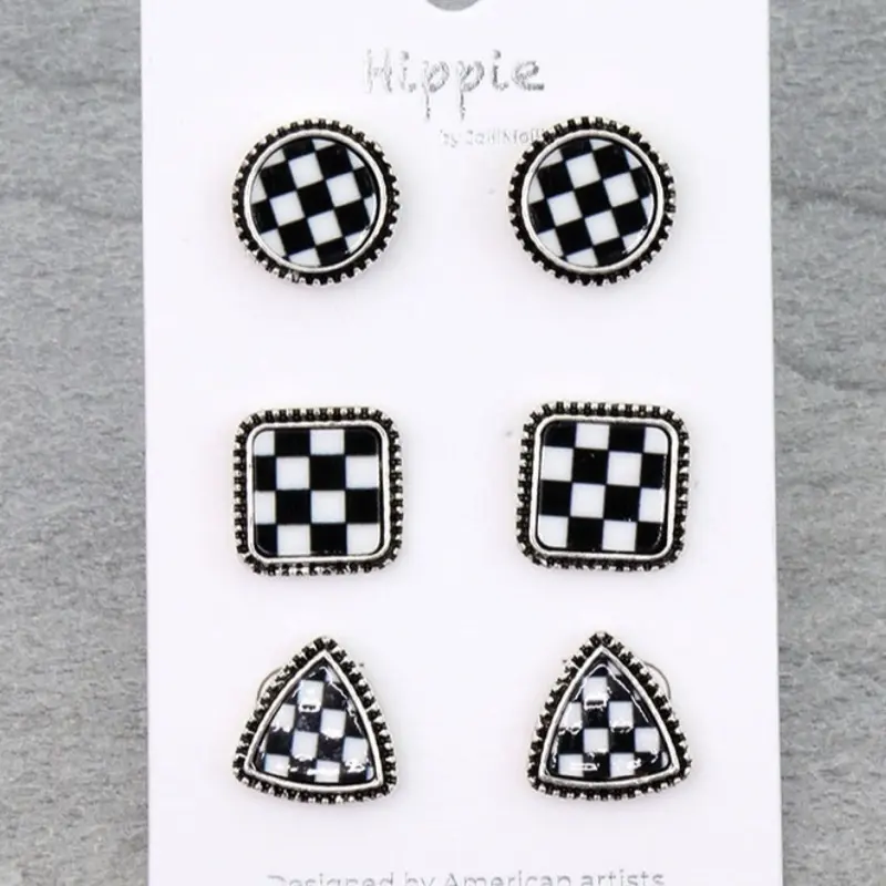 3 Pair Checkered Earring Set - Original Design by American Artists