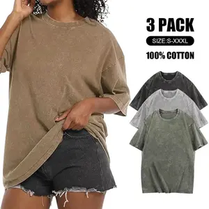 3Pcs Women's Acid Washed Cotton T-Shirts Unisex Loose Fit Half Short Sleeves Oversized Casual Solid Streetwear Tops Vintage Classic Fit for Fitness