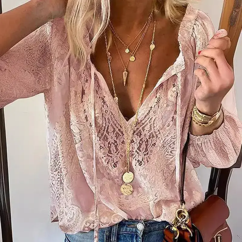 Women's Blouses Spring Summer Fashion Boho Lace Hollow Out Deep V Neck Pullover Shirt Women Elegant Casual Blouse Female Tops Womenswear Fabric Soft