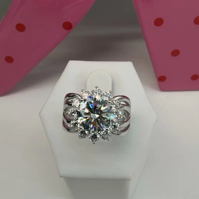 (R22) Silver Ring with Big Diamond Center for Women