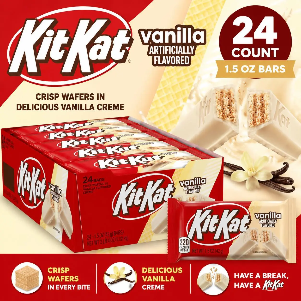 Kit Kat Vanilla Wafer Bars 1.5 oz 24 Count  Creamy Vanilla Coated Wafer Candy Bars | Crispy Chocolate-Free Sweet Treats