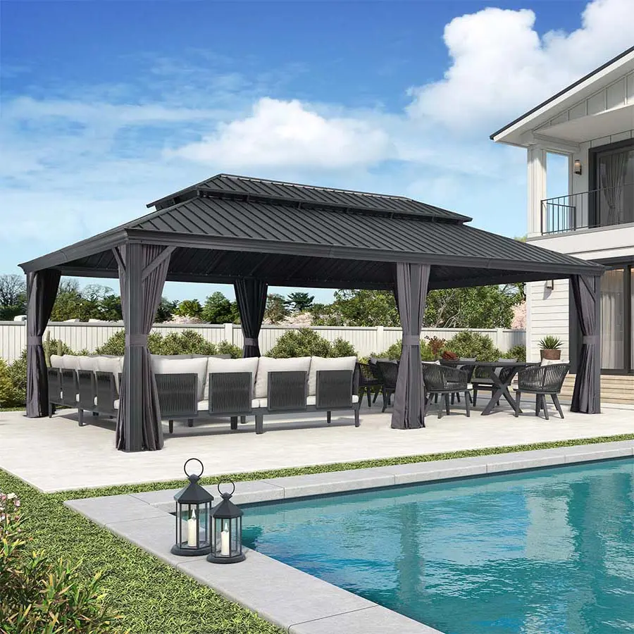 PURPLE LEAF 14'x24' Outdoor Gazebo for Backyard, Hardtop Patio Gazebo with Galvanized Steel Grey Frame and Upgraded Curtain