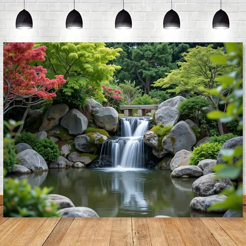 Japanese Garden Landscape Tapestry - Vibrant Polyester Backdrop with Serene Waterfall & Lush Greenery - Perfect for Home, Party, and Photo Studio Decor - No Power Needed, Versatile Use for Room, Garden, or Events, Outdoor Garden Decor