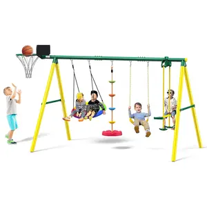 Osoeri Swing Sets for Backyard, 5-in-1 Kids Swing Set, Outdoor Swing Set with Saucer Swing, Glider, Rope Swing, and Basketball Hoop