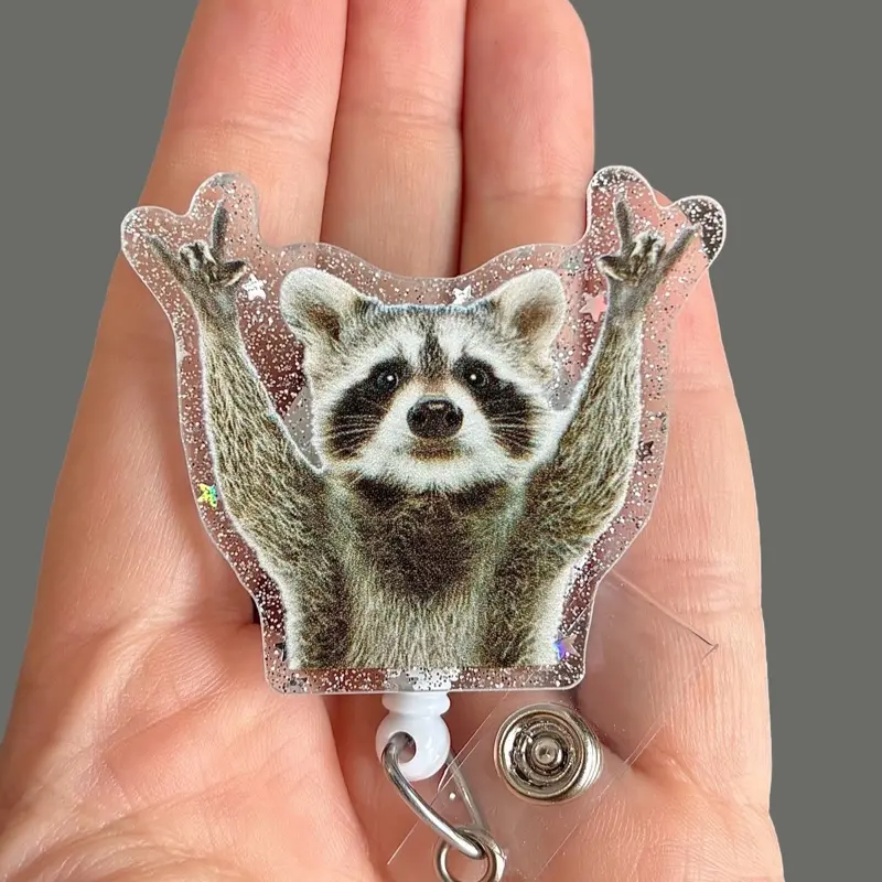 Glitter My Badge Funny raccoon badge reel for nurse and hospital workers. Badge clip Badge pull - Retractable swivel clip with a 360 rotation. Great gift for coworker. Badge reel for men.