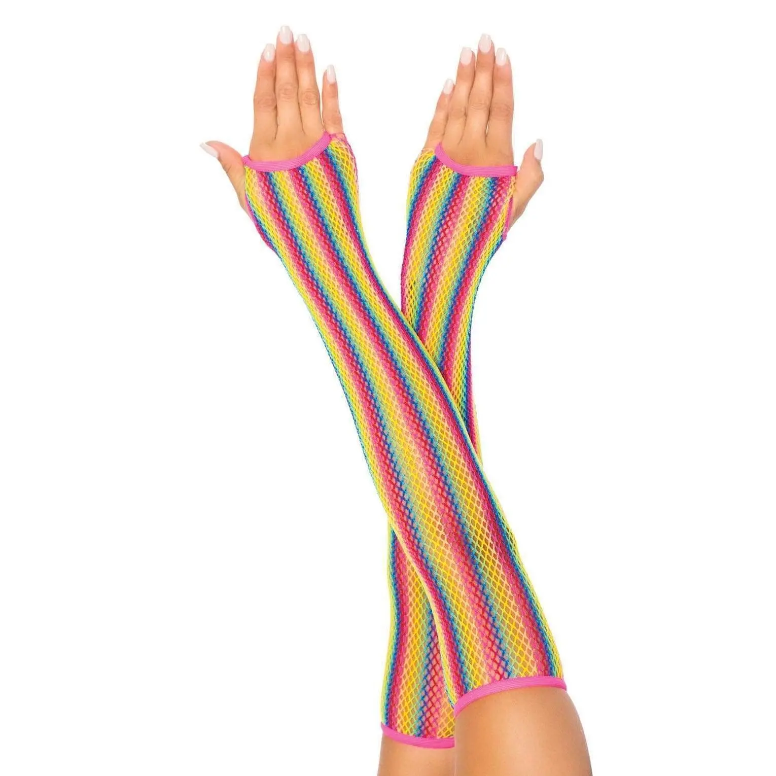 Women's Fingerless Fishnet Mesh Arm Warmer Gloves - Rainbow-Striped Nylon Triangle Net Fashion Accessory for Pride, DIY Cosplay, Adults, 1 Size Fits, One Size Fits