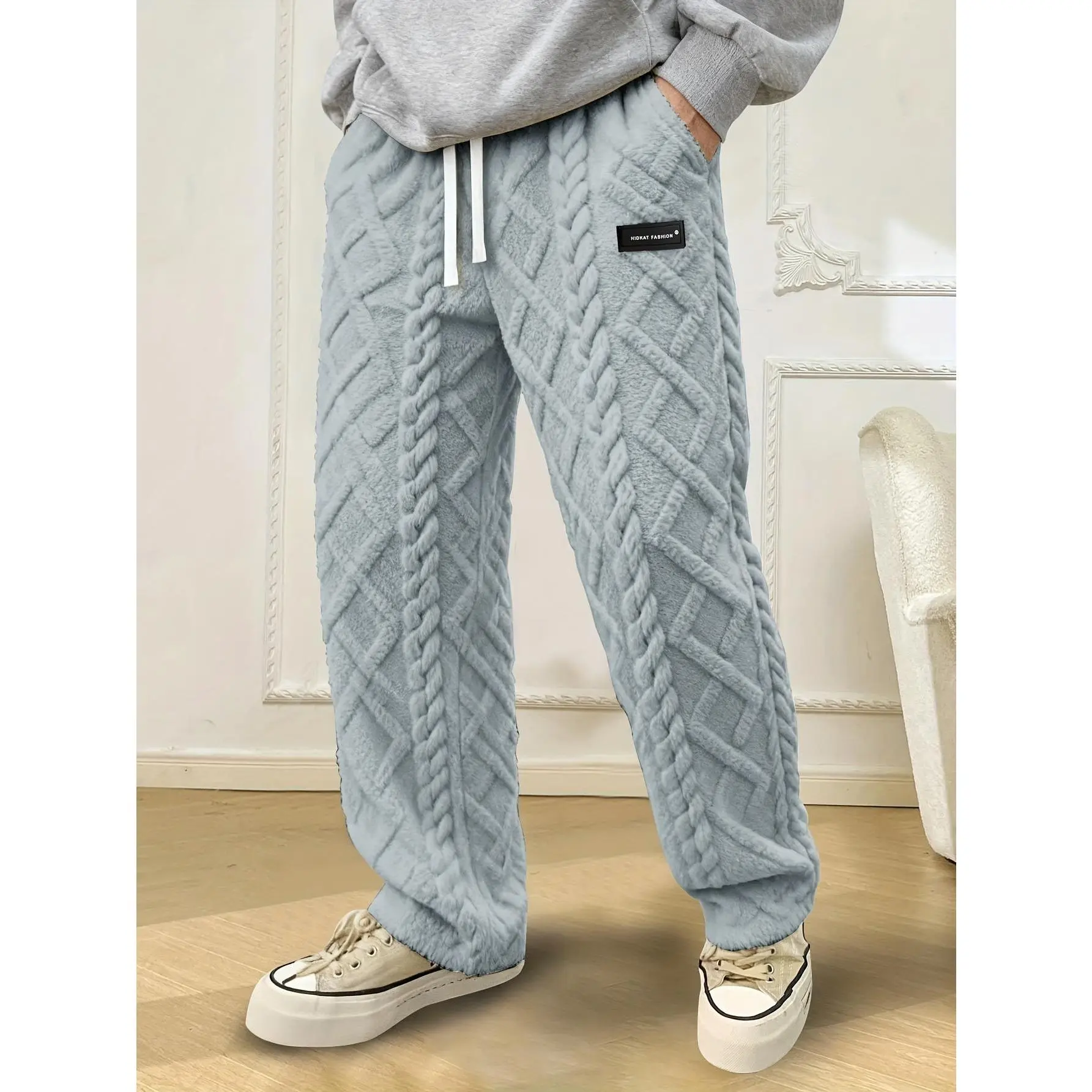 Men's Cute Minimalist Thermal Trousers - Striped Cotton Knit Straight-Leg Design for Winter Skiing & Casual Menswear