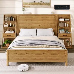 [Memorialday][Ships in 2 Boxes] VanAcc Bed Frame with Bookcase Headboard & 4-Tier Bedside Shelf, Farmhouse Platform Bed with Charging Station and 2 Drawers, No Box Spring Needed, Unique Bedroom Furniture