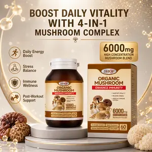 DHOP High Potency 4-in-1 Natural Mushroom Complex Capsules, 6000mg Organic Herbal Blend, Reishi-Cordyceps-Shiitake-Lion's Mane Extract, Supports Energy & Stress Balance, Daily Wellness Supplement for Fitness Enthusiasts, 60 Capsules