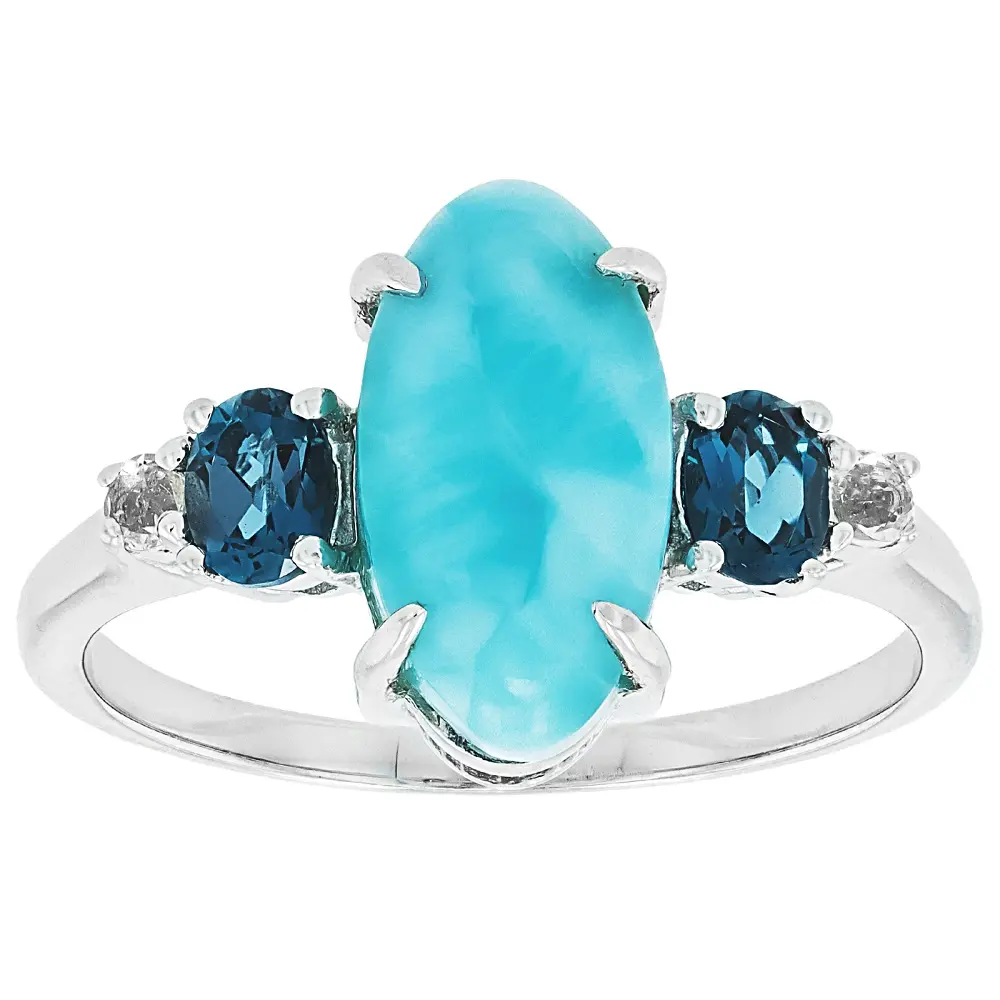 JTV Rhodium-Plated Over Sterling Silver Ring with Oval Shape Natural Blue Larimar Gemstone Set, 0.43ctw