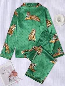 Women’s Long Sleeve Satin Pajama Set, Tiger Print, Turnover Collar Cardigan Top & Long Pants, Cozy All-Season Sleepwear