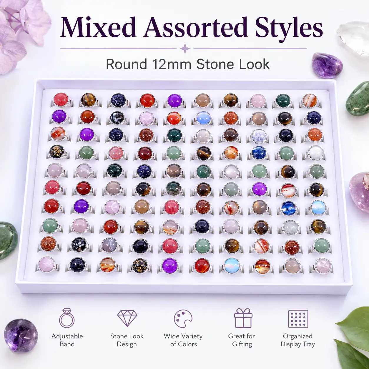 Assorted Adjustable Stone-Look Rings for Women, Round Cabochon Open Band Rings, Silver-Tone Mixed Style Jewelry Display Tray, Party Favors, Gifts and Boutique Resale Set