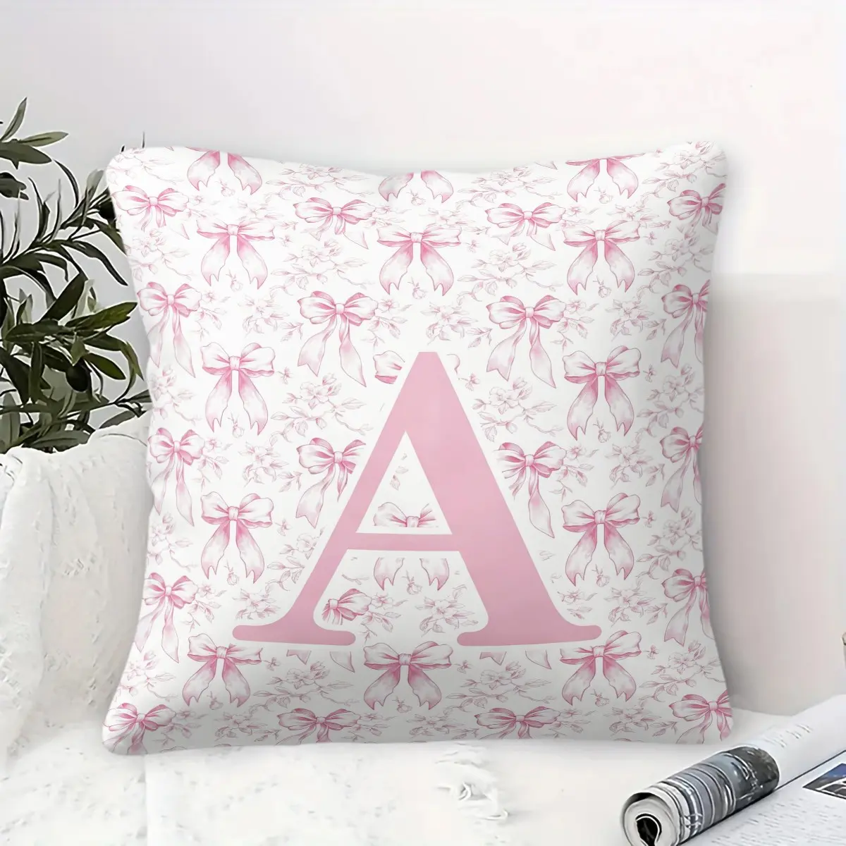 Pink Bow Print Monogram Letter A -ZThrow Pillow, Decorative Accent Cushion with Pillow Core, Coquette Floral Pillow for Bedroom, Living Room & Dorm Aesthetic Room Decor,Premium Choice for Creating Aesthetic Space Decoration