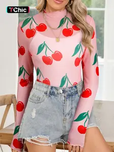 Spring Autumn Cute Cherry Print Mesh Long Sleeve Top, Slim Fit Wooden Collar Blouse, Women's Fashion Casual Wear