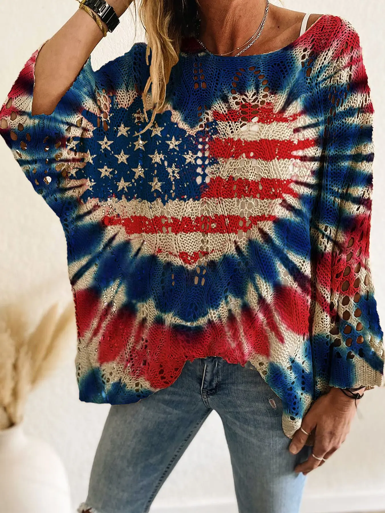 Spring & Summer Off-Shoulder Diamond Cutout Batwing Drop-Shoulder Loose Knit Top Knitwear. Contrast American Flag & Heart Print Patchwork, Long Sleeve, Bohemian & Vacation Style, Casual Elegant Commute. Cover-up for Vests and Bikinis. Womenswear
