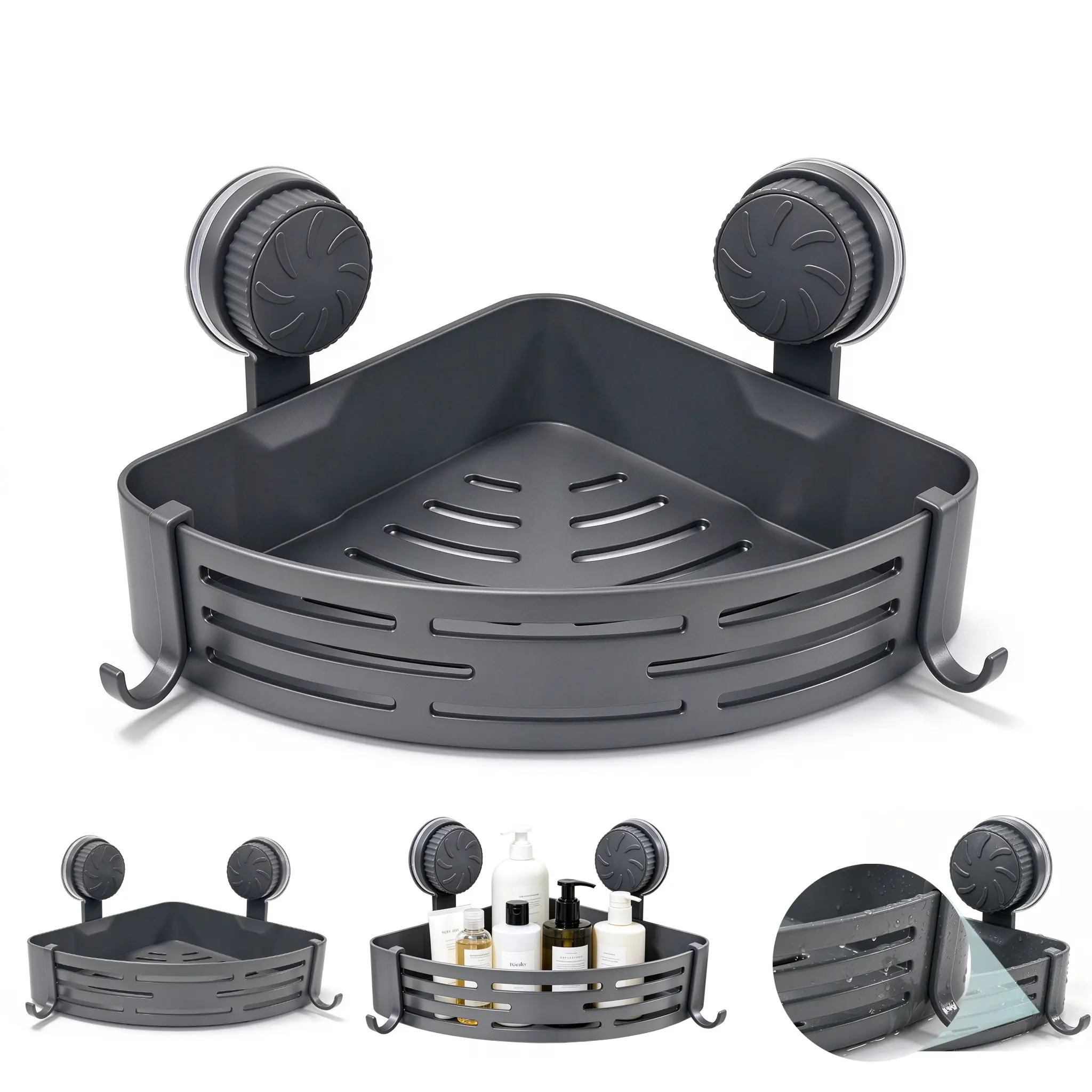2026 New Modern ABS Suction Cup Wall-Mounted Shower Organizer, No-Drill Bathroom Gadget, Quick Press & Lock, 8.5x8.5 in 2.1" Thick Shelf, Waterproof Strong Durable Storage, Fits Smooth Tile, Marble, Glass, Grey-1pc