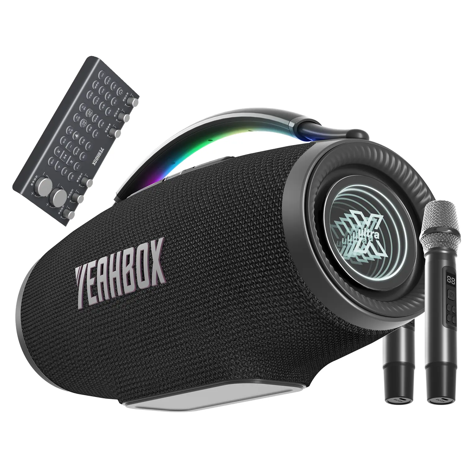YEAHBOX Ultra Portable Bluetooth Party Karaoke Speaker with Dual Wireless Mics, Mixer Kit, 320W Rated/500W Peak, True 3-Way 5-Driver System, 6x9in Racetrack Woofer, 45000mAh Battery, Bluetooth v6.0, IP65 Rating, ABS Plastic Outdoor Hi-Fi Setup