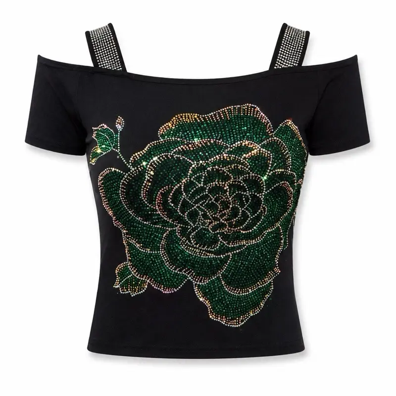 Women's Rhinestone Open-Shoulder Blouses, Feminine Casual Breathable Elegance Tops for Womenswear