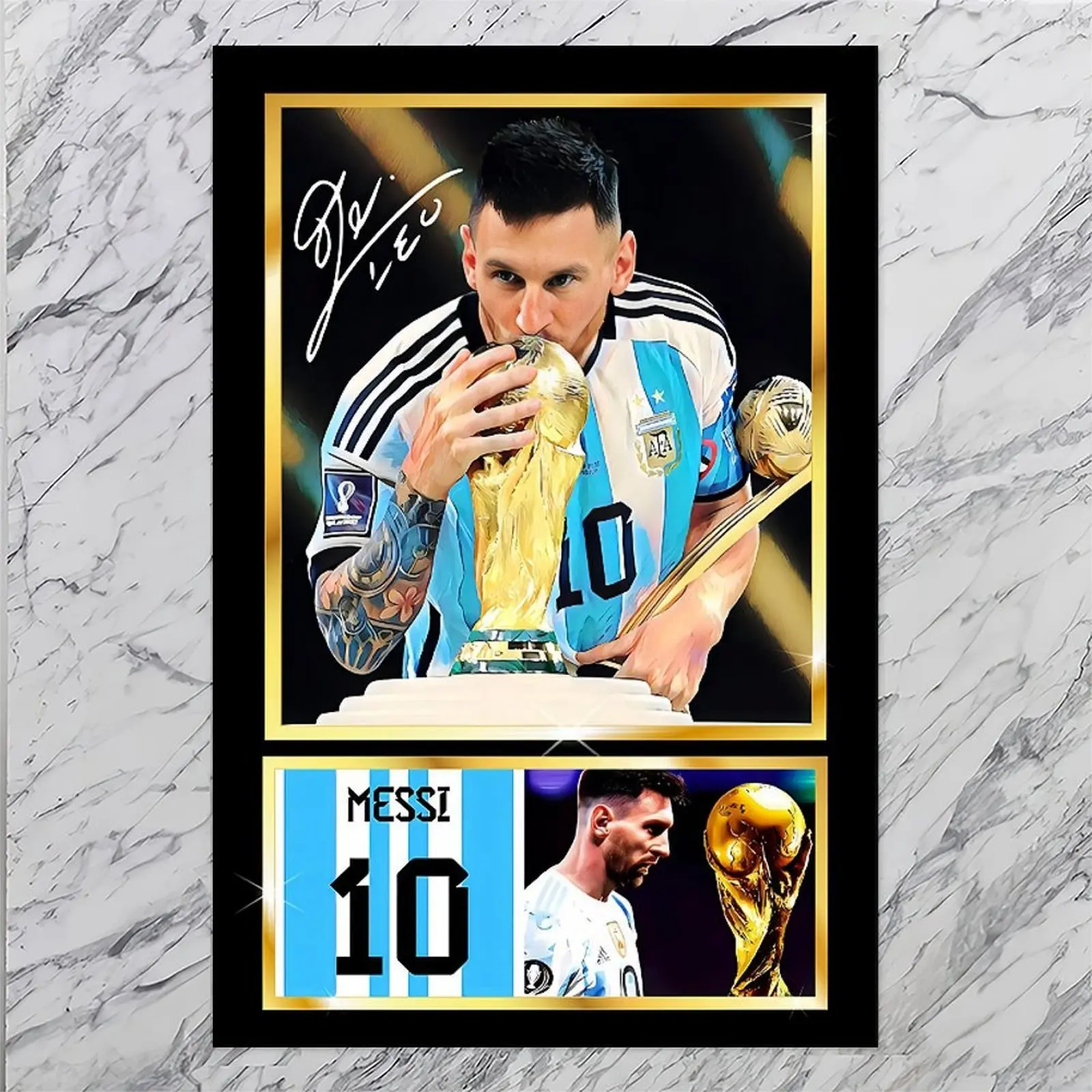 LIONESI Framed Canvas Messi Poster - Football Icon, Pop Culture Figure, Motivational Graphic Print Design, Museum Wrap Pine Wood Frame, Room Wall Decor, Ready-to-Hang Sport Decor Gift, Wood Wall Art