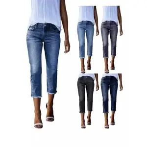 Jean Capri Pants for Women High Waisted Ripped Skinny Jeans Stretchy Denim Capris Cropped Jeggings with Pockets